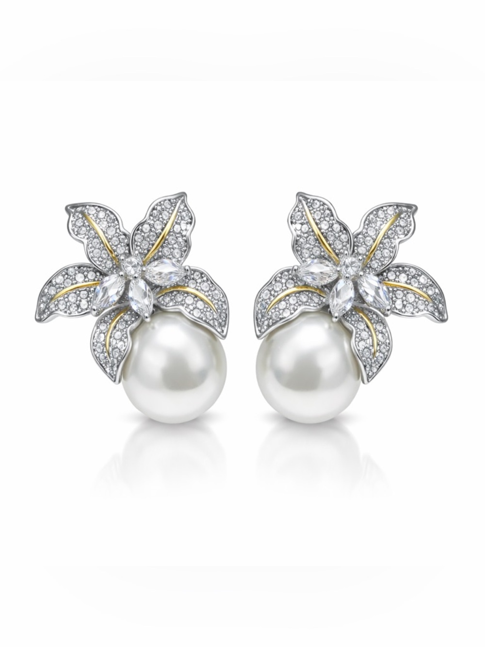 Gold Crystal Floral Pearl Drop Earrings